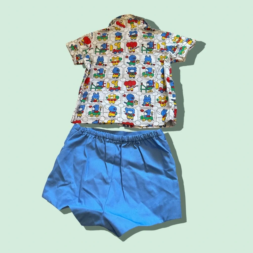 Unique Vintage Cotton Poly Two Piece Button Front Shirt & Short Set Sz 12 Months